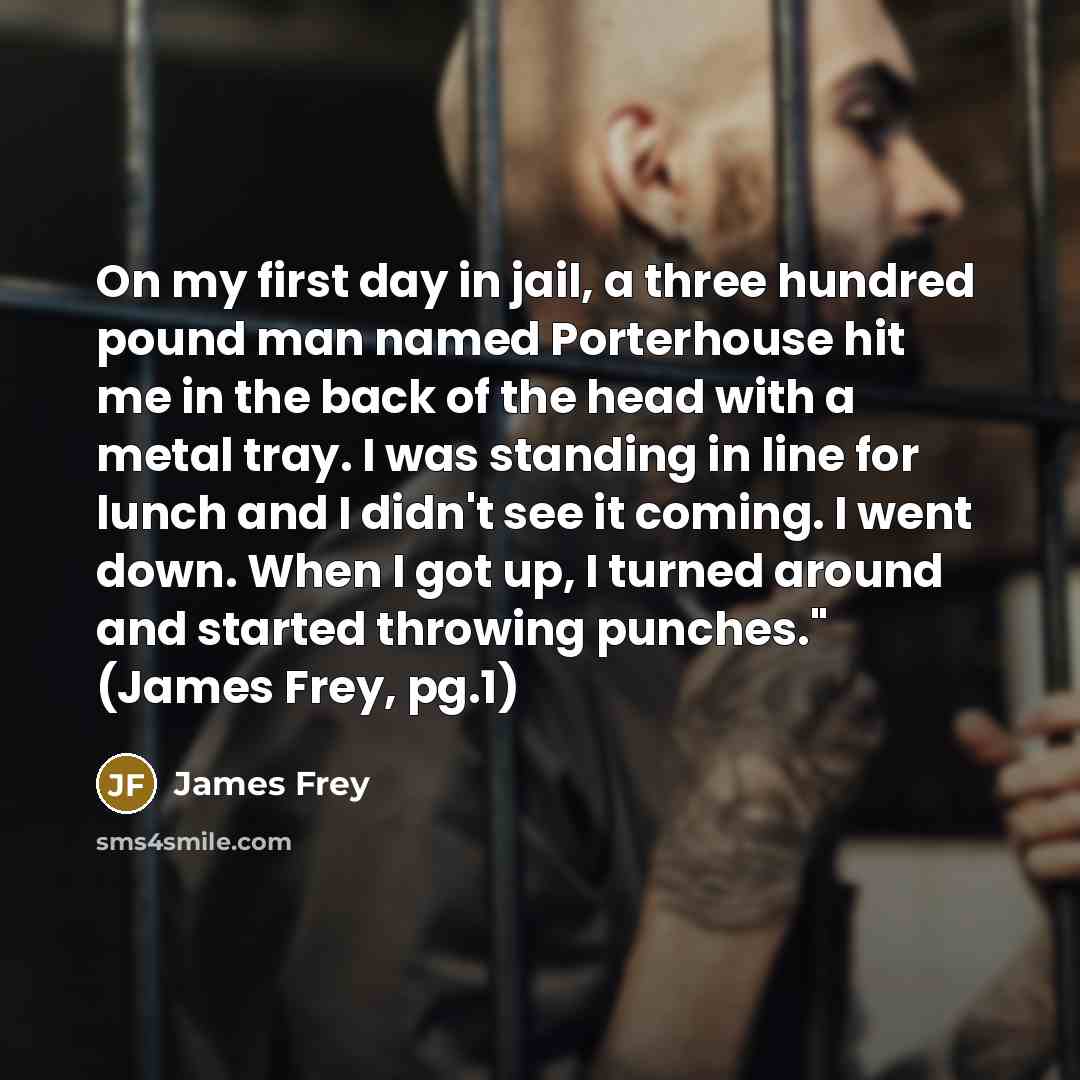 “On my first day in jail, a three hundred pound…” quote by James Frey