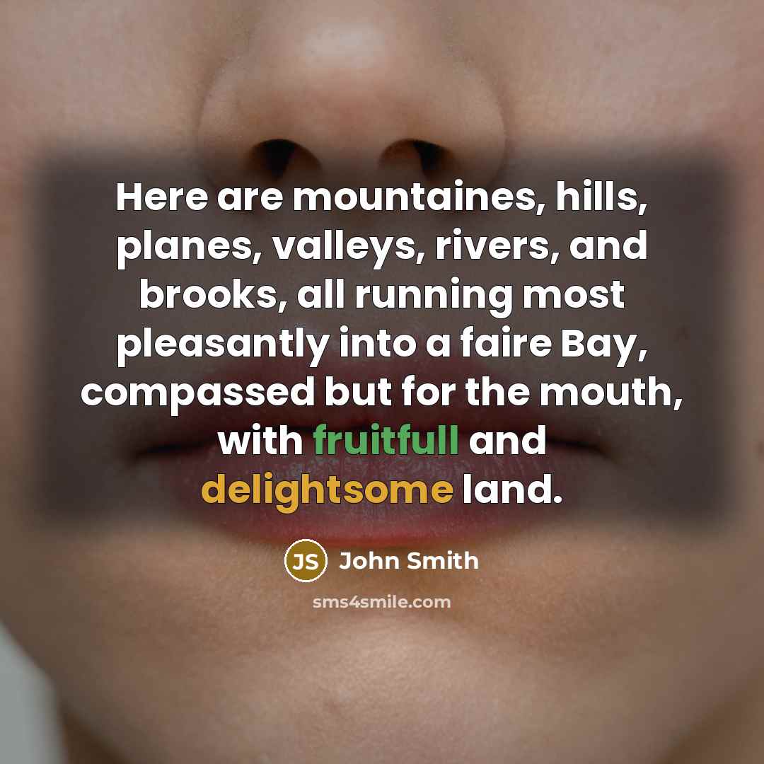 “Here are mountaines, hills, planes, valleys, rivers, and brooks, all running most pleasantly into a faire Bay, compassed but for the mouth, with fruitfull and delightsome land.” quote by John Smith