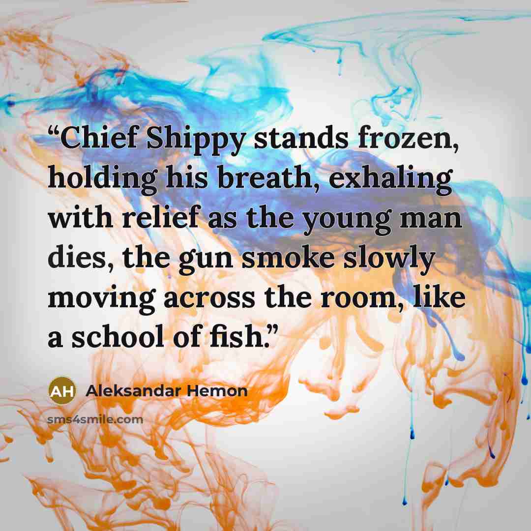 “Chief Shippy stands frozen, holding his breath, exhaling with relief as the young man dies, the gun smoke slowly moving across the room, like a school of fish.” quote by Aleksandar Hemon