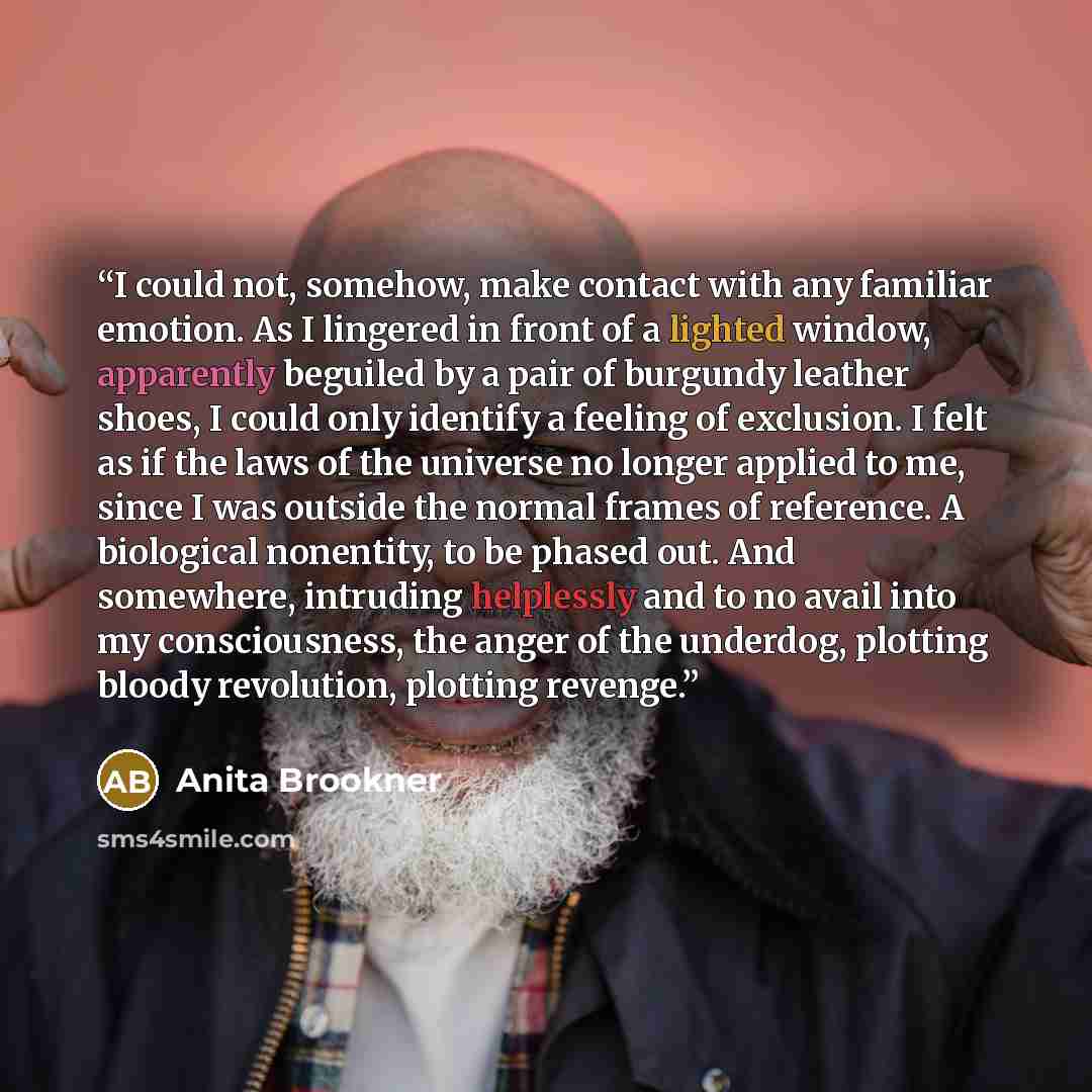 “I could not, somehow, make contact with any familiar emotion. As I lingered in front of a lighted window, apparently beguiled by a pair of burgundy leather shoes, I could only identify a feeling of exclusion. I felt as if the laws of the universe no longer applied to me, since I was outside the…” quote by Anita Brookner