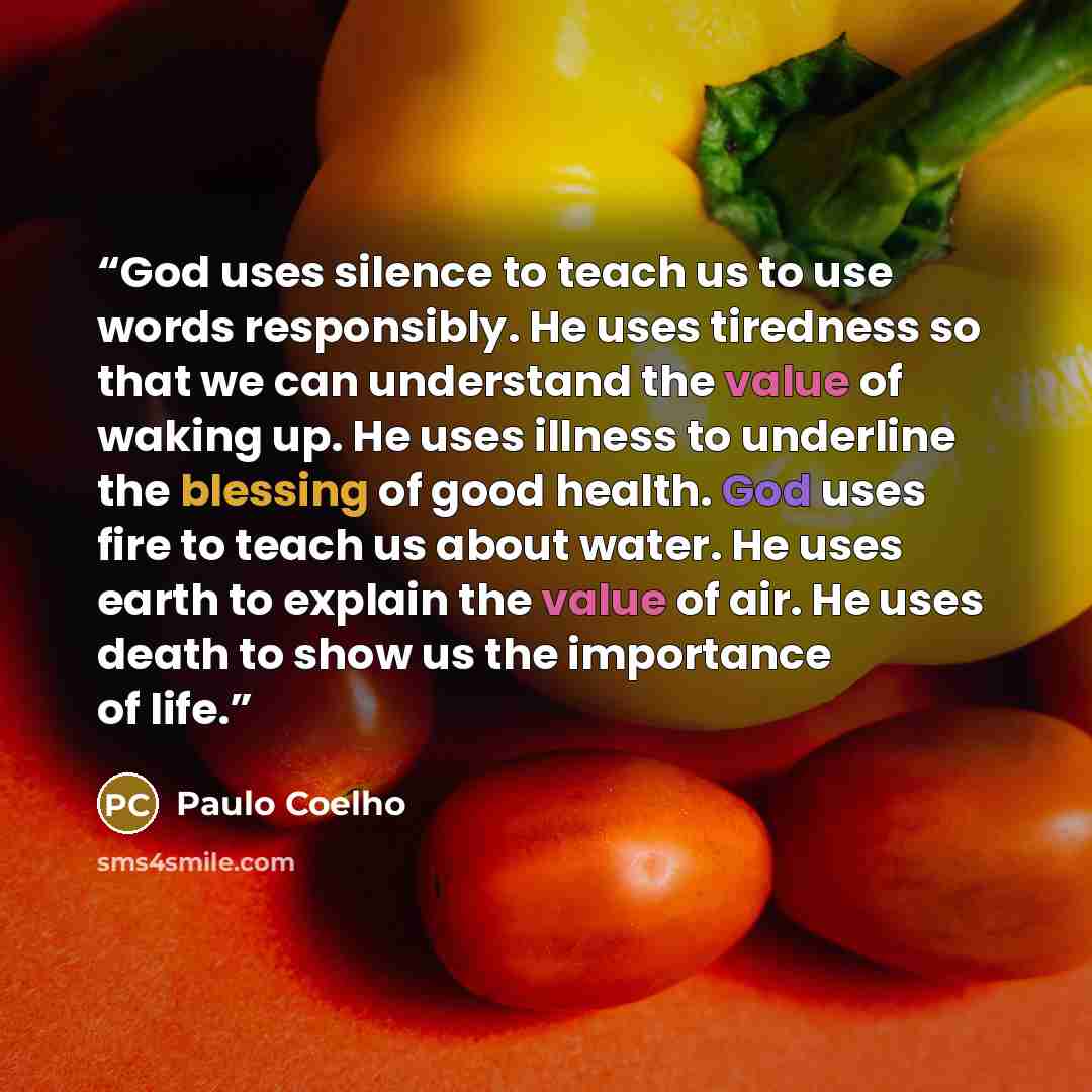“God uses silence to teach us to use words responsibly. He uses tiredness so that we can understand the value of waking up. He uses illness to underline the blessing of good health. God uses fire to teach us about water. He uses earth to explain the value of air. He uses death to show us the…” quote by Paulo Coelho