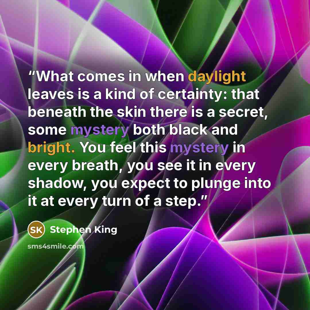 “What comes in when daylight leaves is a kind of certainty: that beneath the skin there is a secret, some mystery both black and bright. You feel this mystery in every breath, you see it in every shadow, you expect to plunge into it at every turn of a step.” quote by Stephen King
