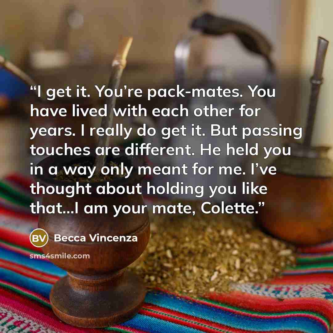 “I get it. You’re pack-mates. You have lived with each other for years. I really do get it. But passing touches are different. He held you in a way only meant for me. I’ve thought about holding you like that...I am your mate, Colette.” quote by Becca Vincenza