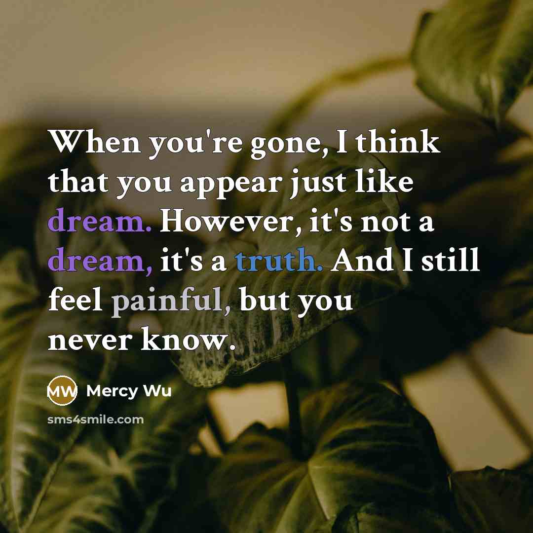 “When you're gone, I think that you appear just like dream. However, it's not a dream, it's a truth. And I still feel painful, but you never know.” quote by Mercy Wu