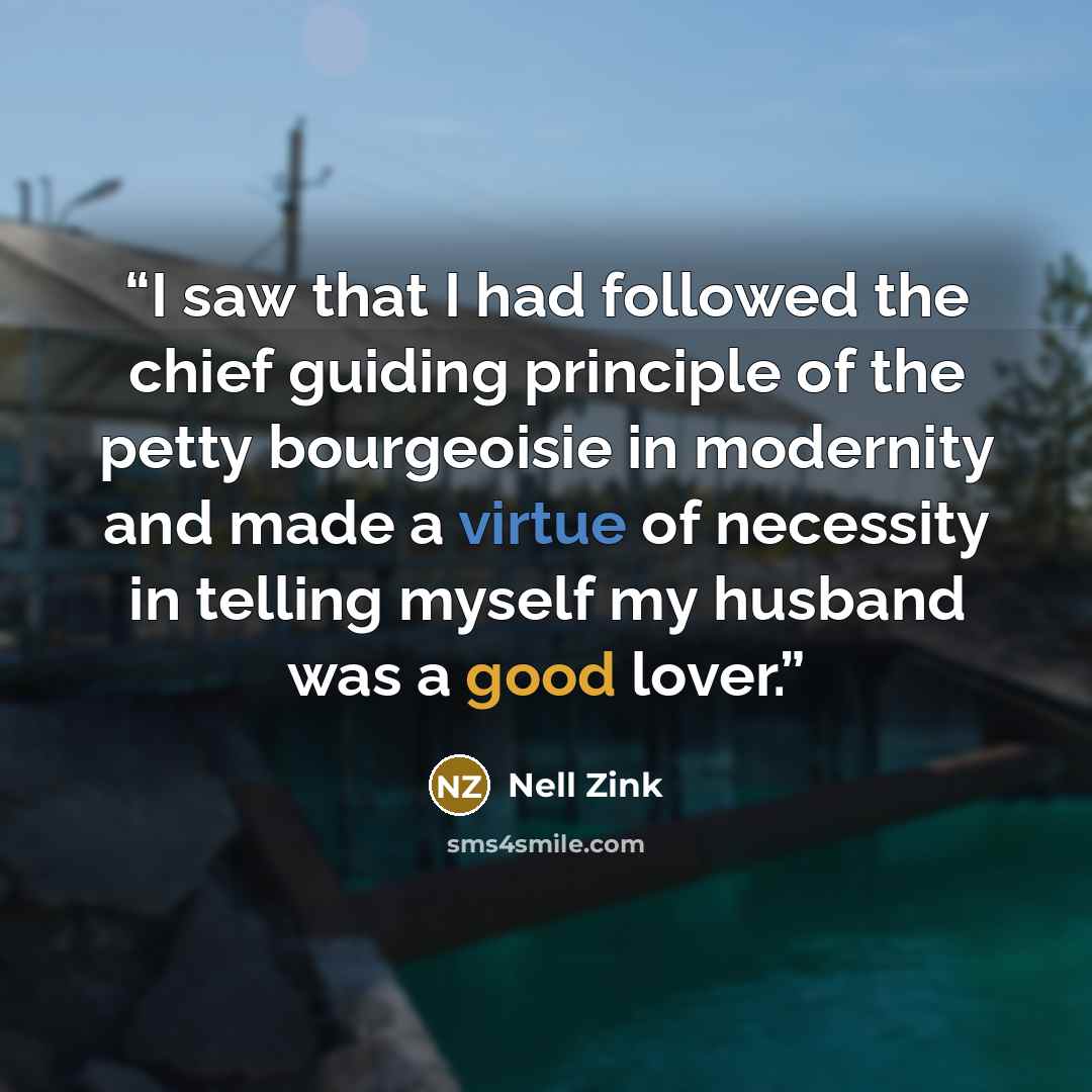 “I saw that I had followed the chief guiding principle of the petty bourgeoisie in modernity and made a virtue of necessity in telling myself my husband was a good lover.” quote by Nell Zink