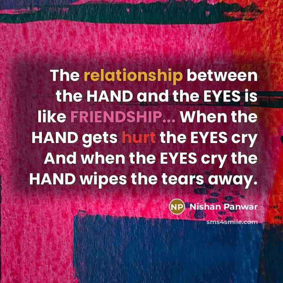 “The relationship between the HAND and the EYES is like FRIENDSHIP... When the HAND gets hurt the EYES cry And when the EYES cry the HAND wipes the tears away.” quote by Nishan Panwar