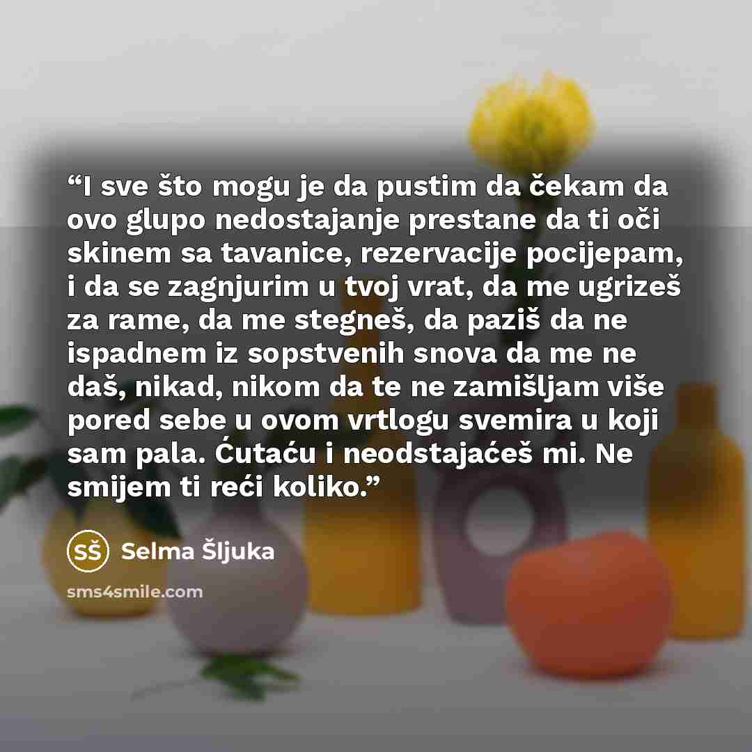 “I sve što mogu je da pustim da čekam da ovo glupo nedostajanje prestane da ti oči skinem sa tavanice, rezervacije pocijepam, i da se zagnjurim u tvoj vrat, da me ugrizeš za rame, da me stegneš, da paziš da ne ispadnem iz sopstvenih snova da me ne daš, nikad, nikom da te ne zamišljam više pored…” quote by Selma Šljuka