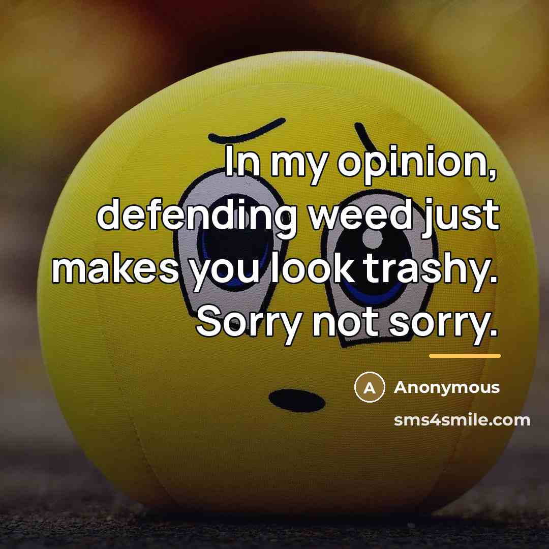 “In my opinion, defending weed just makes you look trashy.…” quote by Anonymous