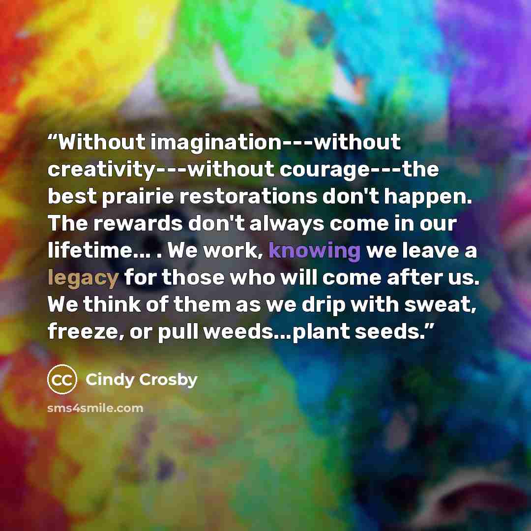 “Without imagination---without creativity---without courage---the best prairie restorations don't happen. The rewards don't always come in our lifetime... . We work, knowing we leave a legacy for those who will come after us. We think of them as we drip with sweat, freeze, or pull weeds...plant…” quote by Cindy Crosby