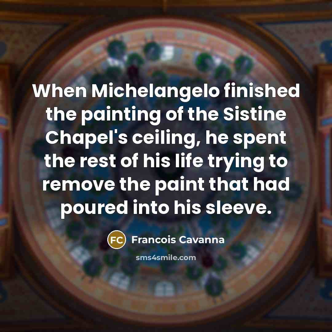 “When Michelangelo finished the painting of the Sistine Chapel's ceiling, he spent the rest of his life trying to remove the paint that had poured into his sleeve.” quote by Francois Cavanna