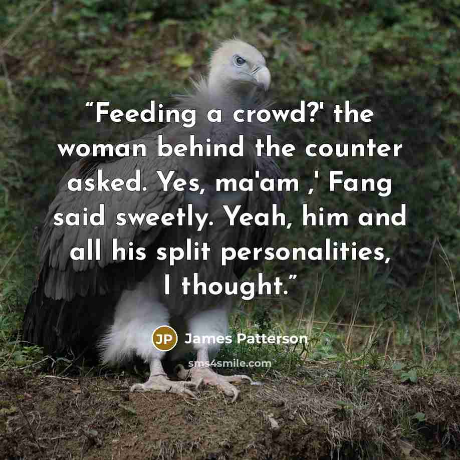 “Feeding a crowd?' the woman behind the counter asked. Yes, ma'am ,' Fang said sweetly. Yeah, him and all his split personalities, I thought.” quote by James Patterson
