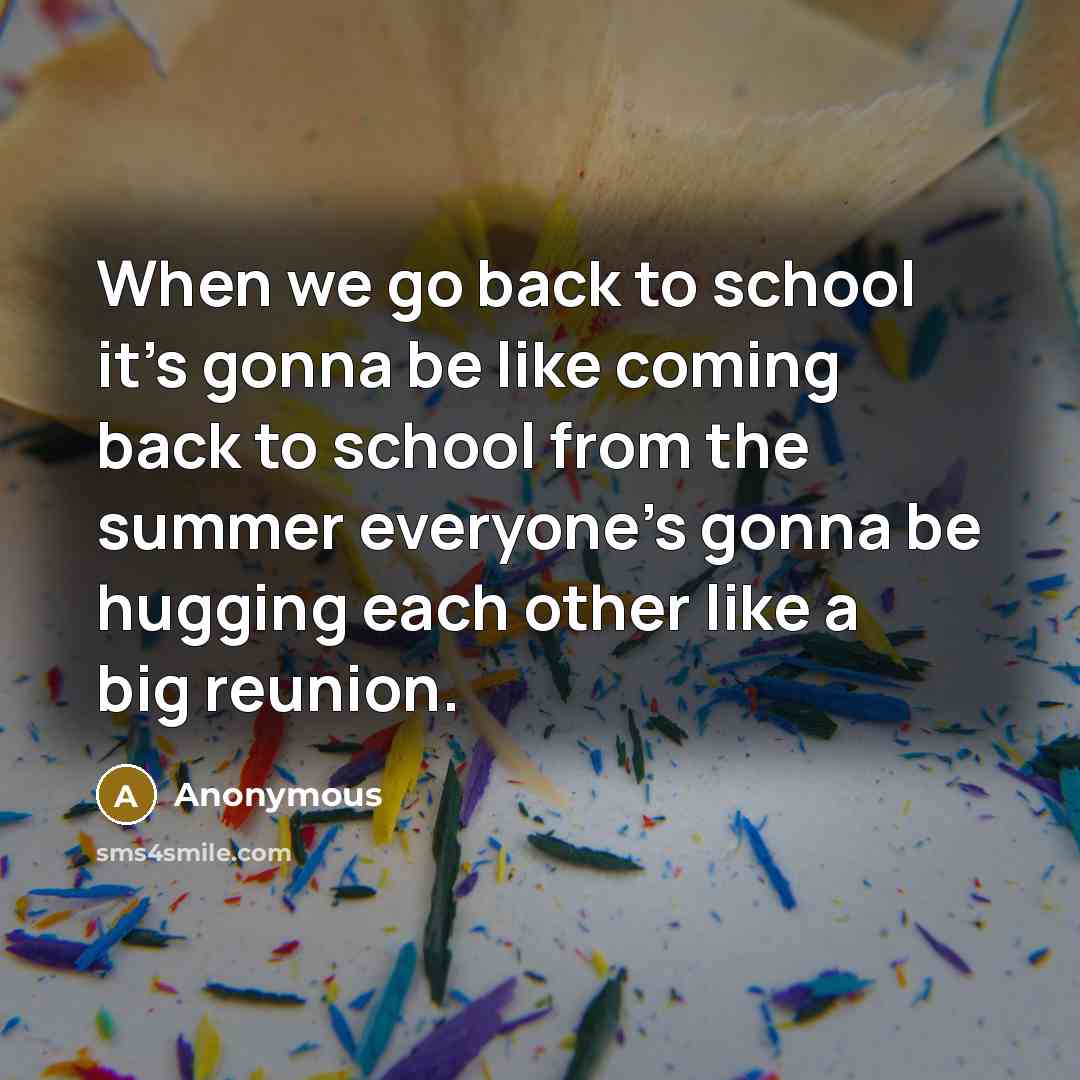 “When we go back to school it's gonna be like coming back to school from the summer everyone's gonna be hugging each other like a big reunion.” quote by Anonymous