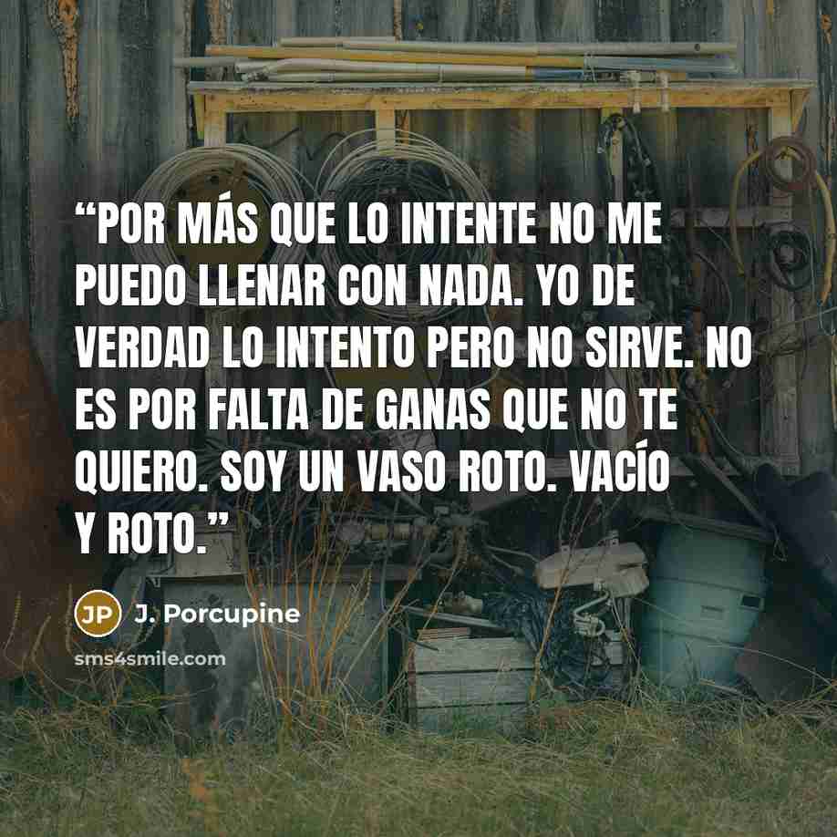 “Por más que lo intente no me puedo llenar con nada. Yo de verdad lo intento pero no sirve. No es por falta de ganas que no te quiero. Soy un vaso roto. Vacío y roto.” quote by J. Porcupine