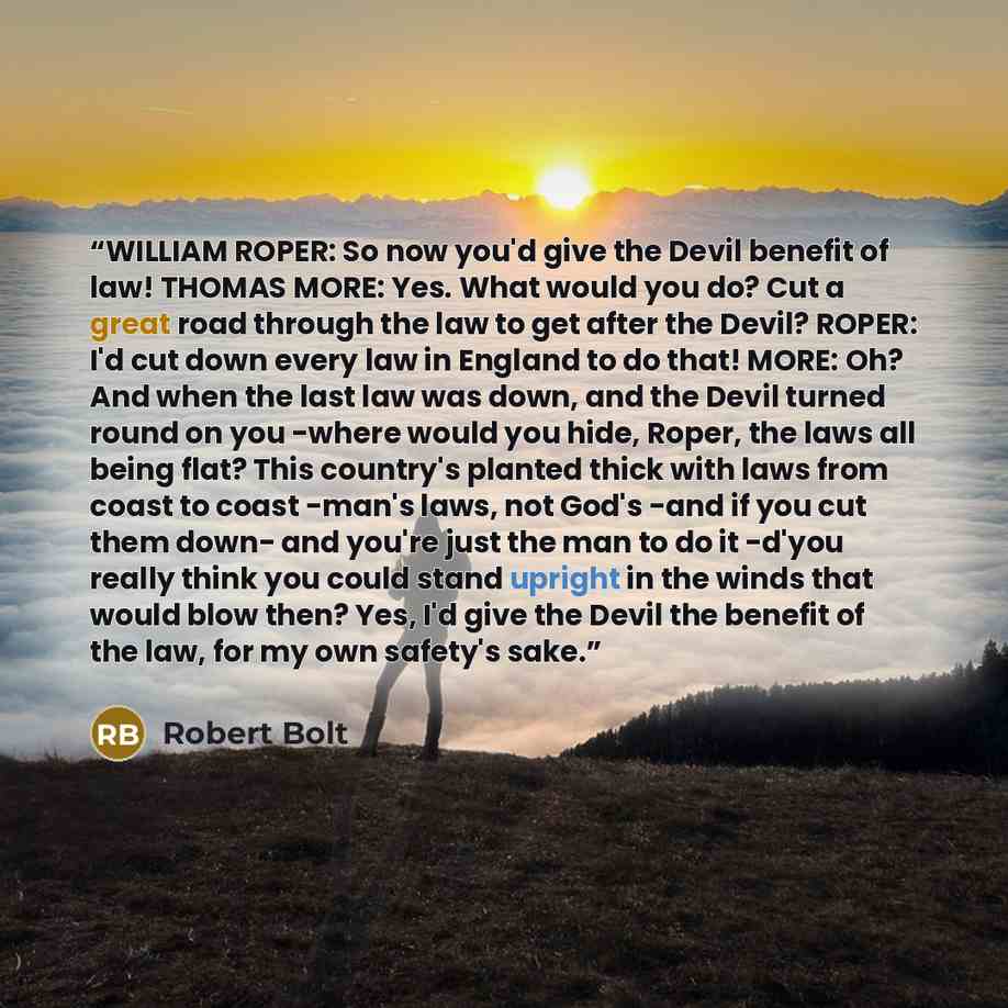 “WILLIAM ROPER: So now you'd give the Devil benefit of law! THOMAS MORE: Yes. What would you do? Cut a great road through the law to get after the Devil? ROPER: I'd cut down every law in England to do that! MORE: Oh? And when the last law was down, and the Devil turned round on you -where would you…” quote by Robert Bolt