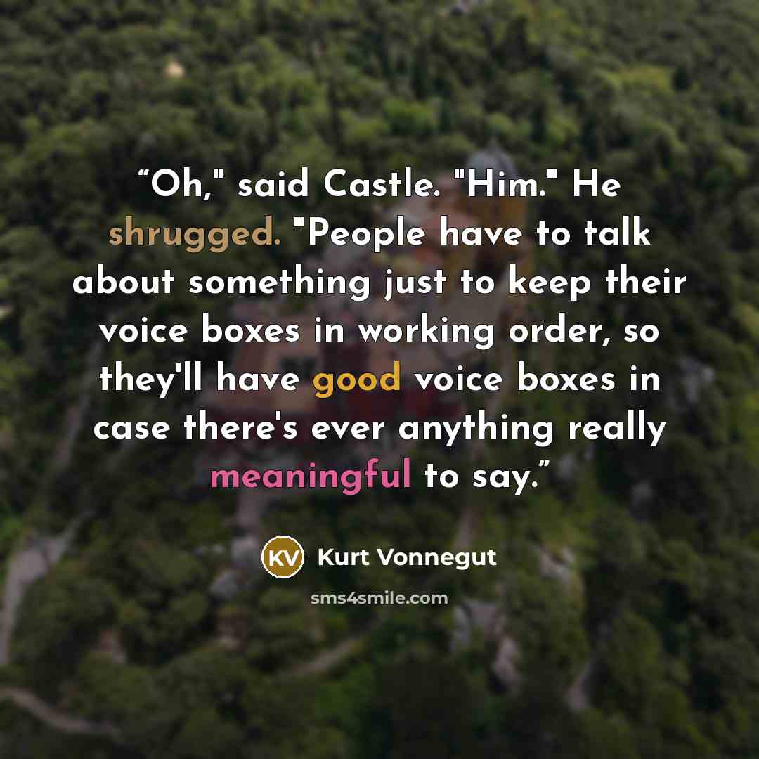 “Oh," said Castle. "Him." He shrugged. "People have to talk about something just to keep their voice boxes in working order, so they'll have good voice boxes in case there's ever anything really meaningful to say.” quote by Kurt Vonnegut