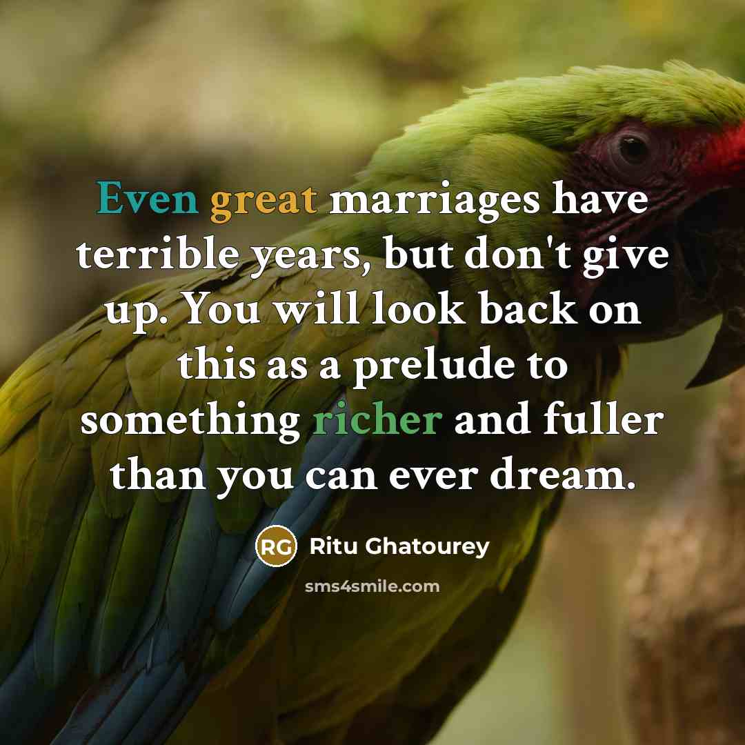 “Even great marriages have terrible years, but don't give up. You will look back on this as a prelude to something richer and fuller than you can ever dream.” quote by Ritu Ghatourey
