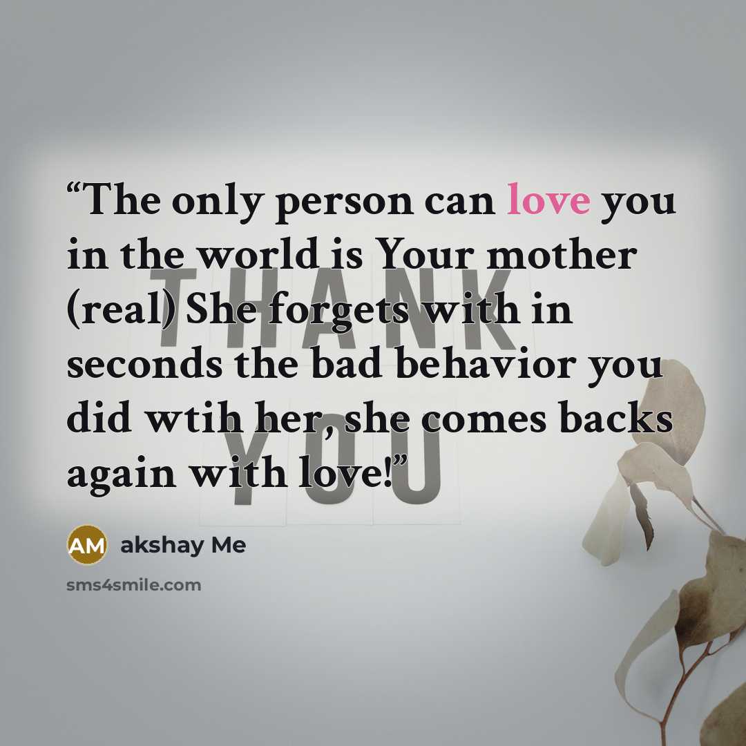 “The only person can love you in the world is Your mother (real) She forgets with in seconds the bad behavior you did wtih her, she comes backs again with love!” quote by akshay Me