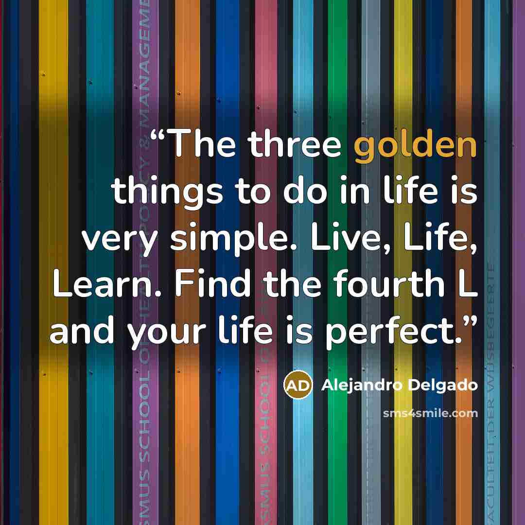 “The three golden things to do in life is very simple. Live, Life, Learn. Find the fourth L and your life is perfect.” quote by Alejandro Delgado