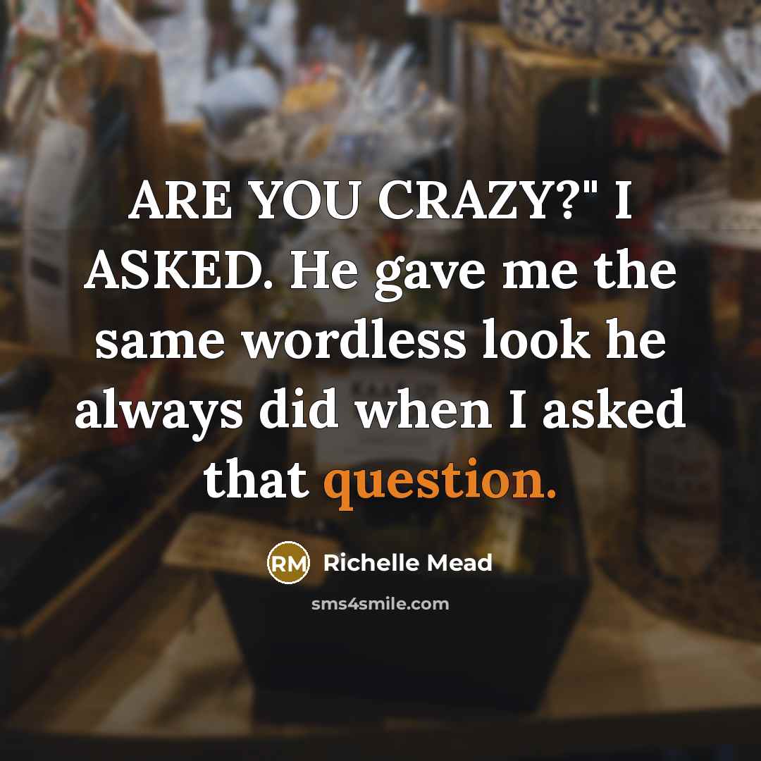 “ARE YOU CRAZY?" I ASKED. He gave me the same wordless look he always did when I asked that question.” quote by Richelle Mead