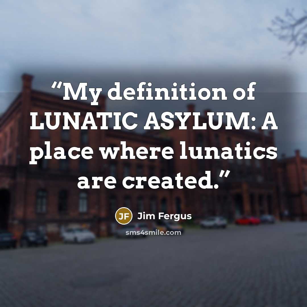 “My definition of LUNATIC ASYLUM: A place where lunatics are created.” quote by Jim Fergus