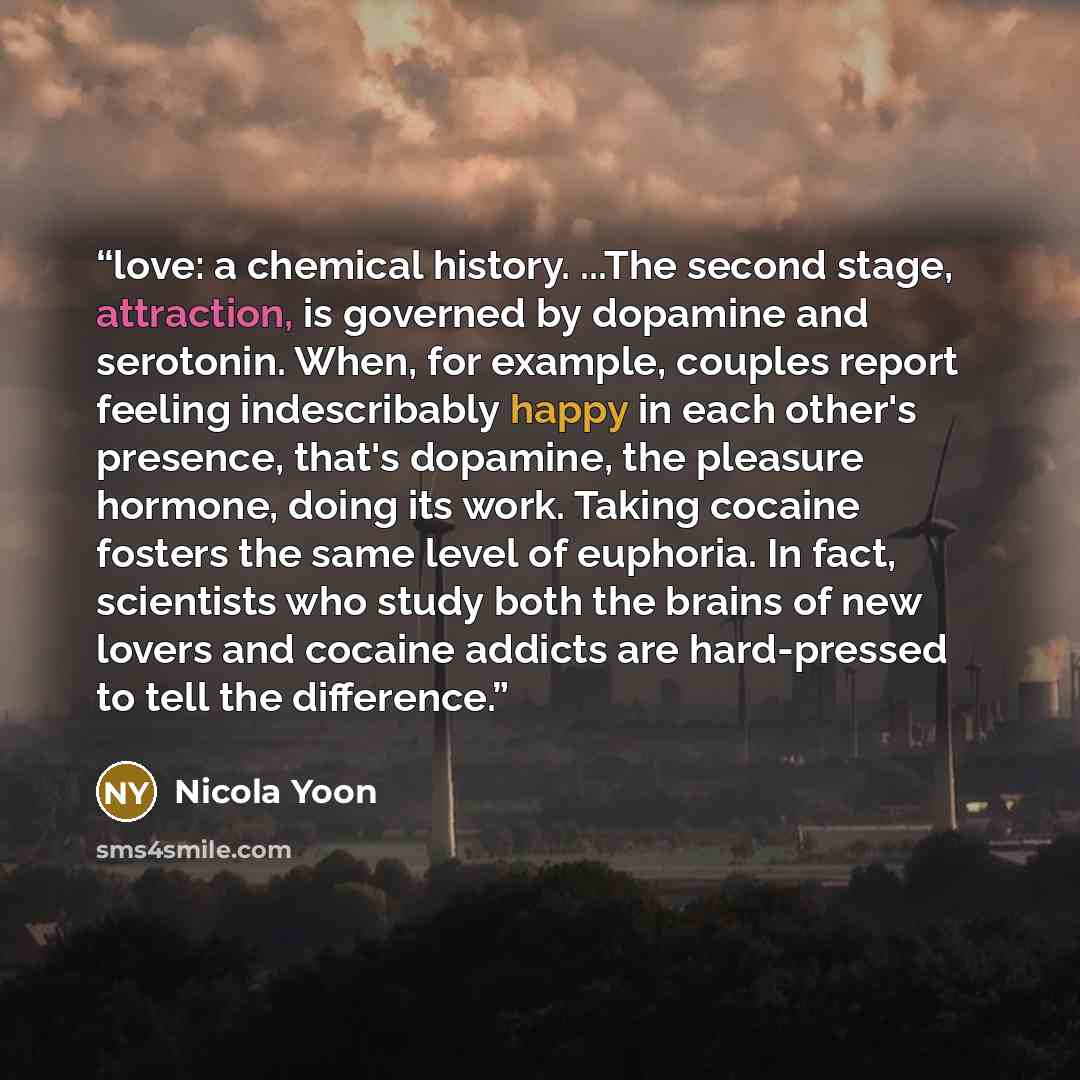 “love: a chemical history. ...The second stage, attraction, is governed by dopamine and serotonin. When, for example, couples report feeling indescribably happy in each other's presence, that's dopamine, the pleasure hormone, doing its work. Taking cocaine fosters the same level of euphoria. In…” quote by Nicola Yoon