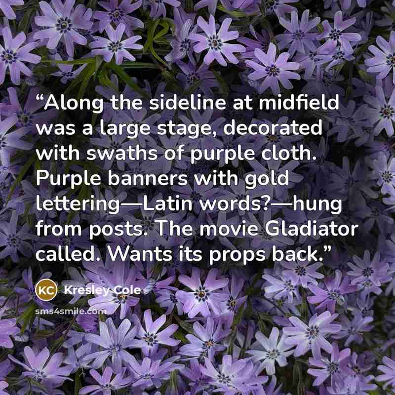 “Along the sideline at midfield was a large stage, decorated with swaths of purple cloth. Purple banners with gold lettering—Latin words?—hung from posts. The movie Gladiator called. Wants its props back.” quote by Kresley Cole