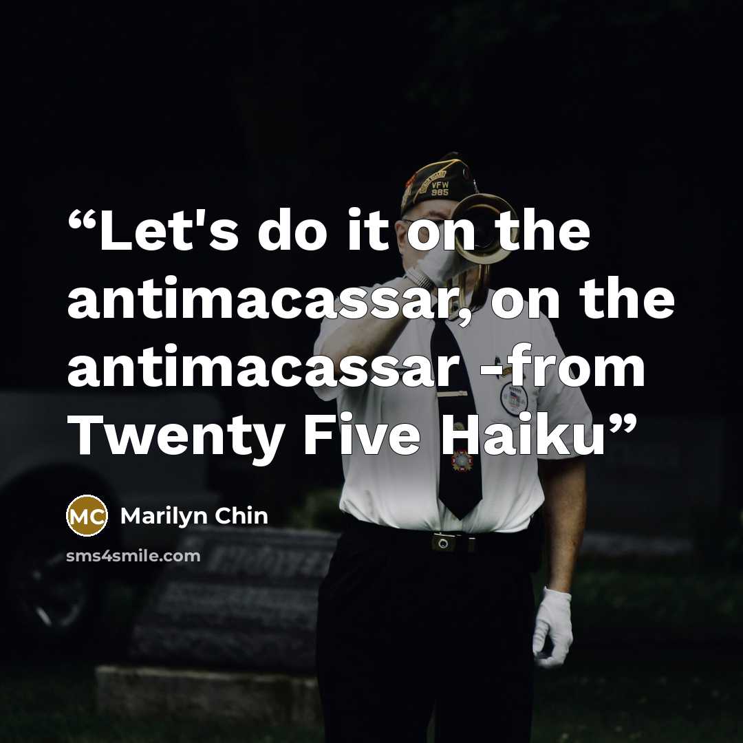 “Let's do it on the antimacassar, on the antimacassar -from Twenty Five Haiku” quote by Marilyn Chin