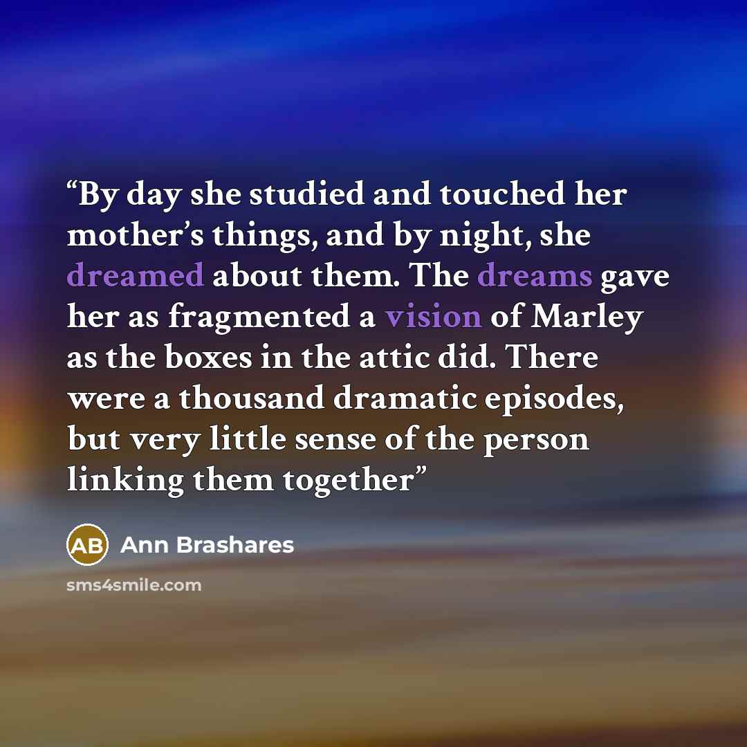 “By day she studied and touched her mother’s things, and by night, she dreamed about them. The dreams gave her as fragmented a vision of Marley as the boxes in the attic did. There were a thousand dramatic episodes, but very little sense of the person linking them together” quote by Ann Brashares