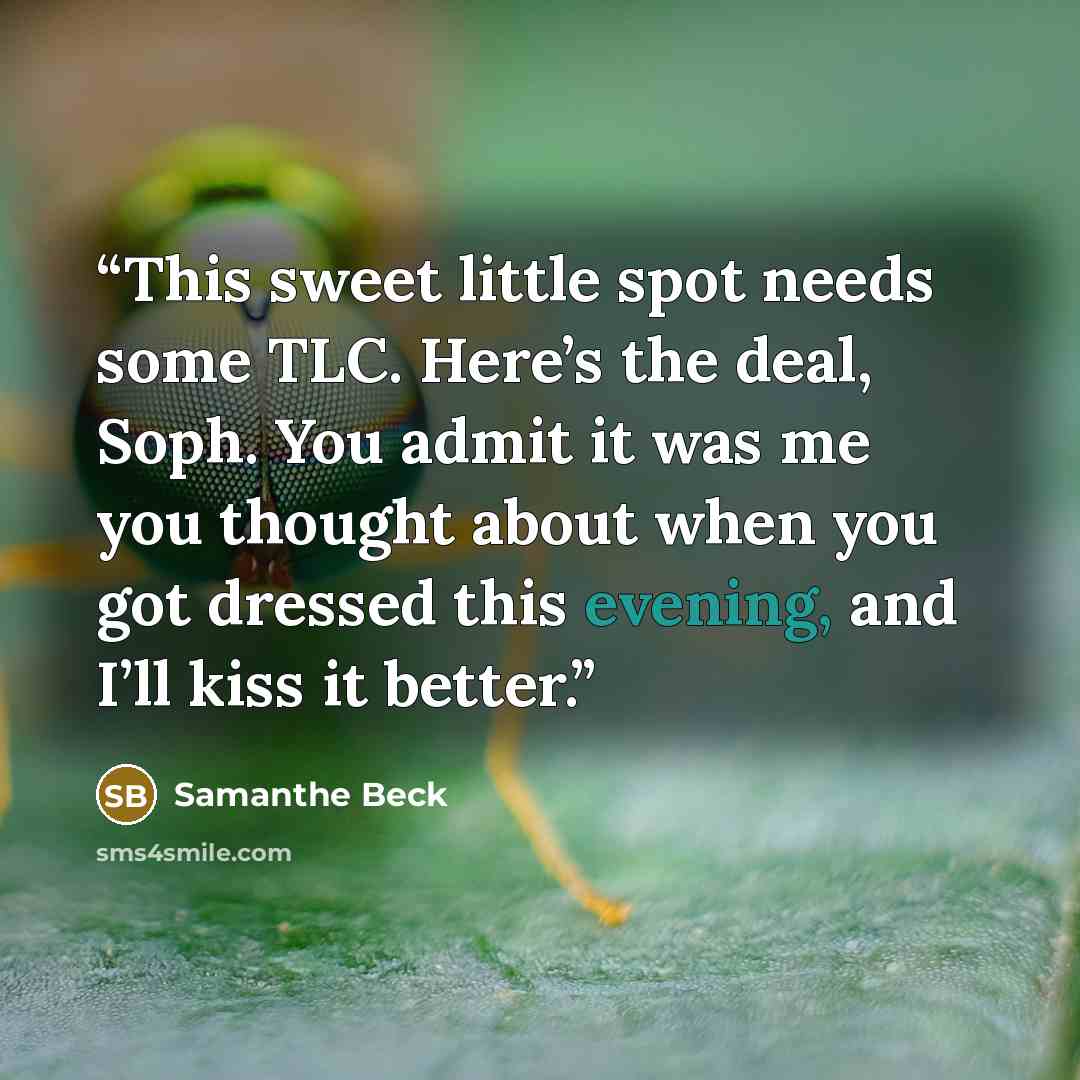“This sweet little spot needs some TLC. Here’s the deal, Soph. You admit it was me you thought about when you got dressed this evening, and I’ll kiss it better.” quote by Samanthe Beck