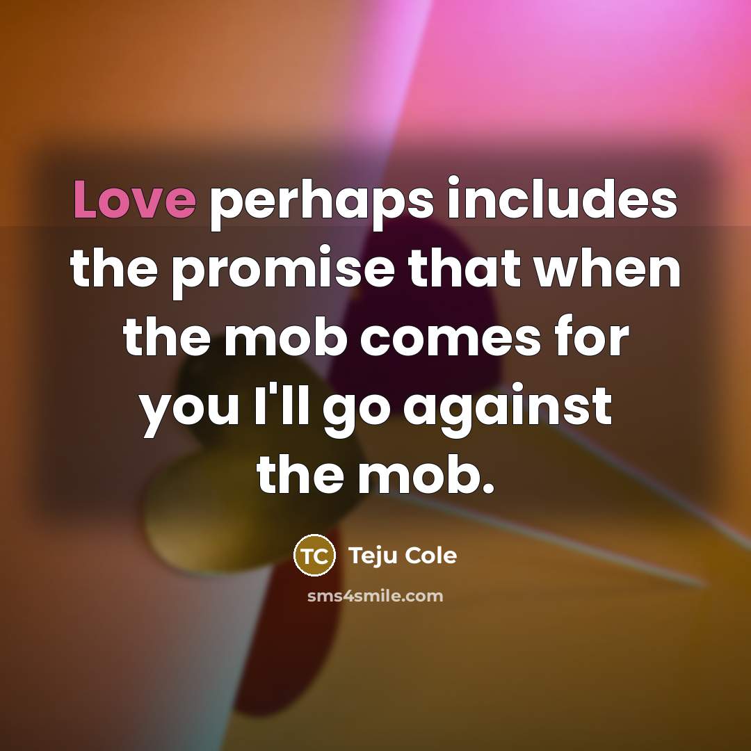 “Love perhaps includes the promise that when the mob comes…” quote by Teju Cole