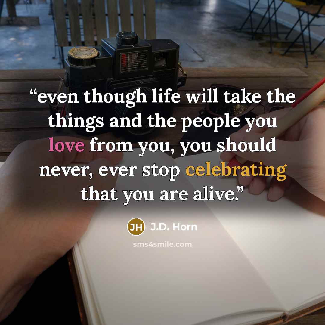 “even though life will take the things and the people you love from you, you should never, ever stop celebrating that you are alive.” quote by J.D. Horn