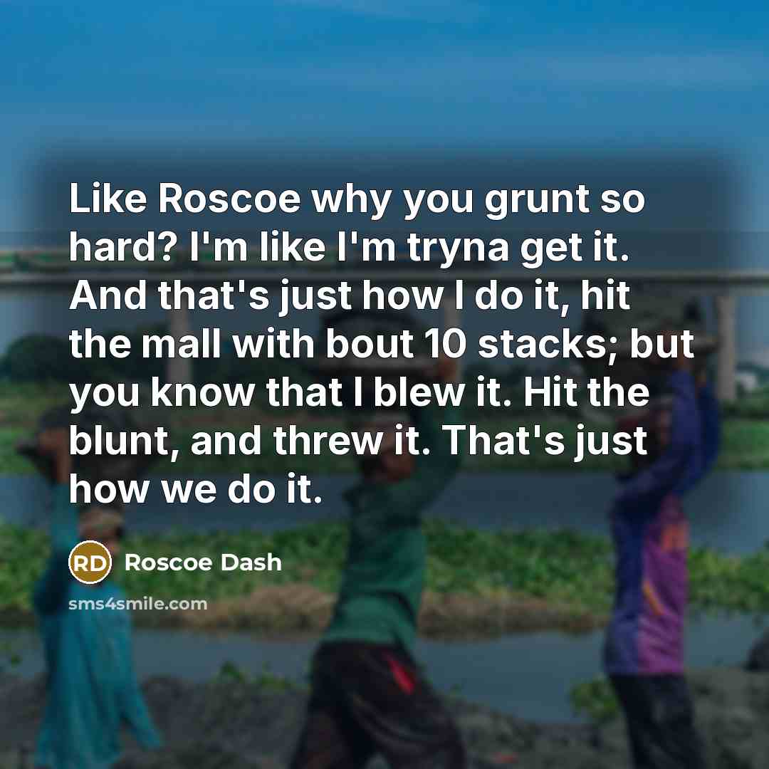 “Like Roscoe why you grunt so hard? I'm like I'm tryna get it. And that's just how I do it, hit the mall with bout 10 stacks; but you know that I blew it. Hit the blunt, and threw it. That's just how we do it.” quote by Roscoe Dash