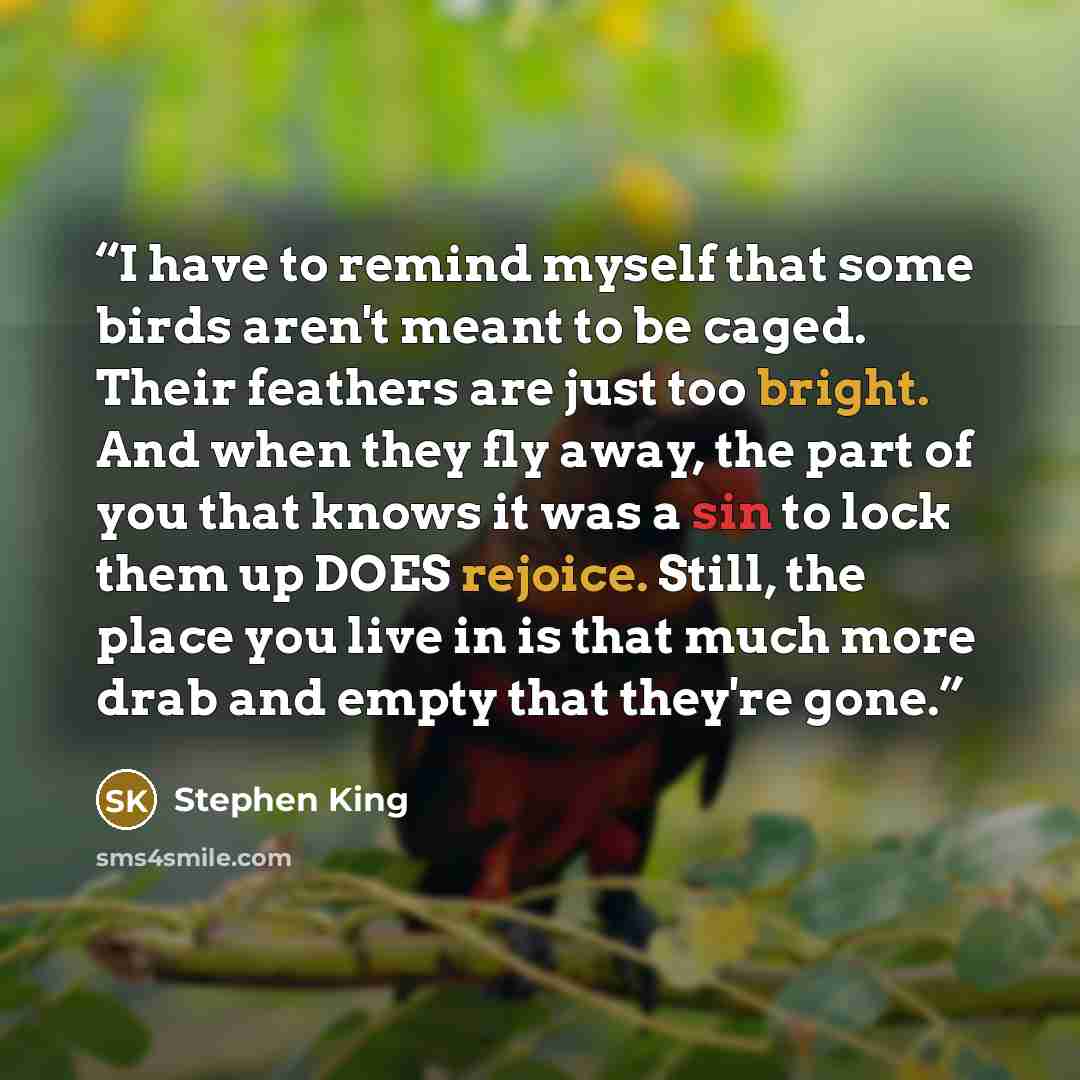 “I have to remind myself that some birds aren't meant to be caged. Their feathers are just too bright. And when they fly away, the part of you that knows it was a sin to lock them up DOES rejoice. Still, the place you live in is that much more drab and empty that they're gone.” quote by Stephen King