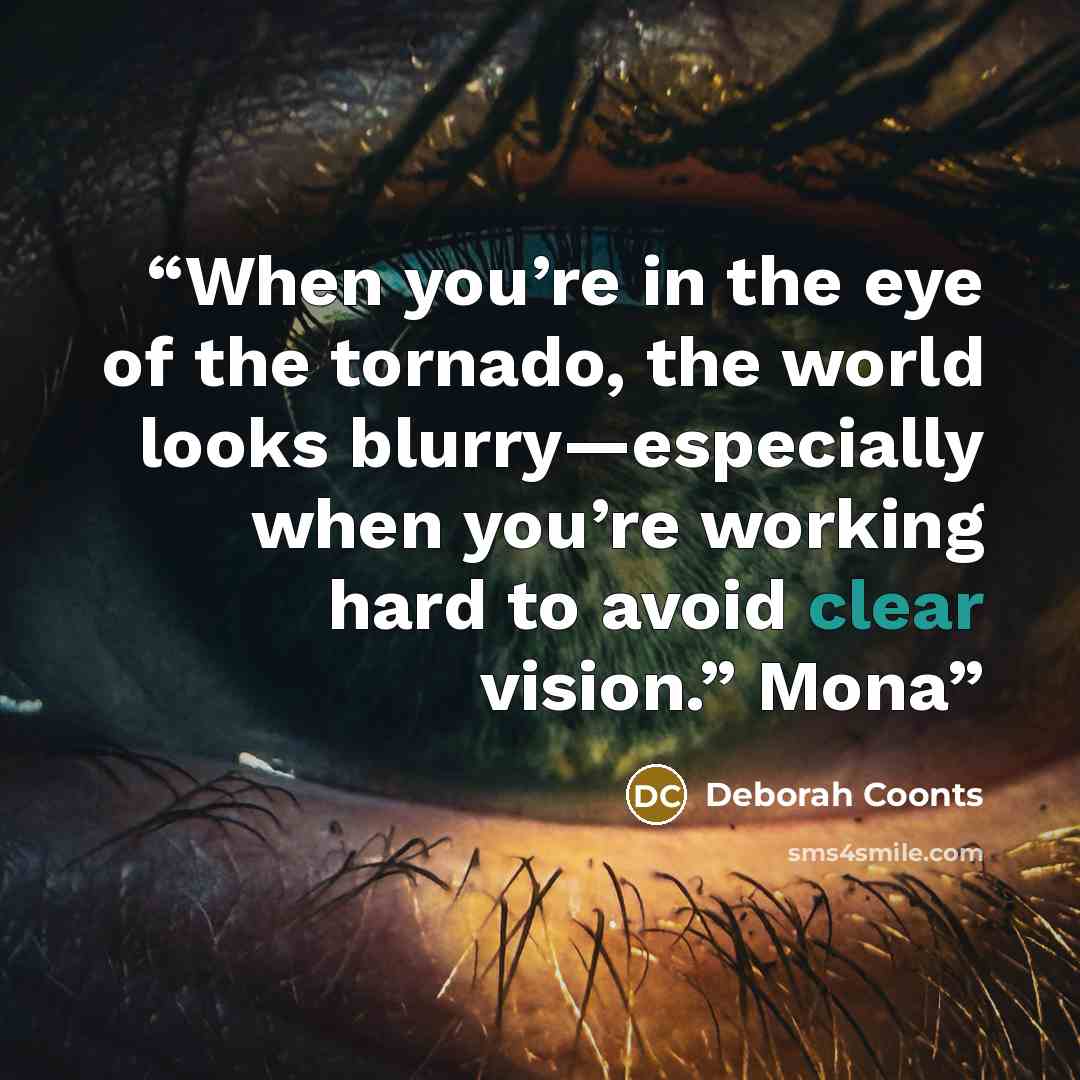 “When you’re in the eye of the tornado, the world looks blurry—especially when you’re working hard to avoid clear vision.” Mona” quote by Deborah Coonts