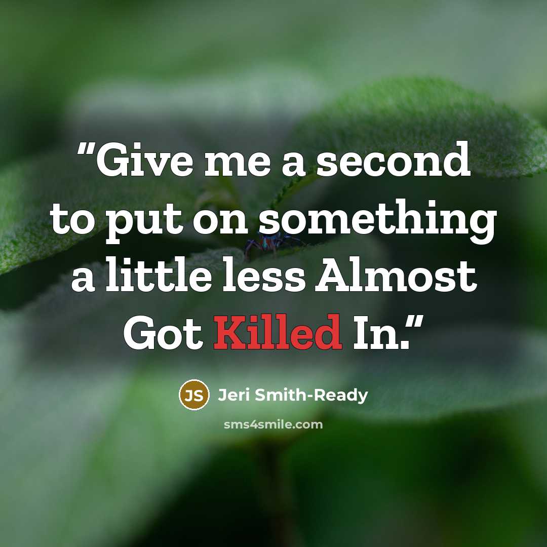 “Give me a second to put on something a little less Almost Got Killed In.” quote by Jeri Smith-Ready