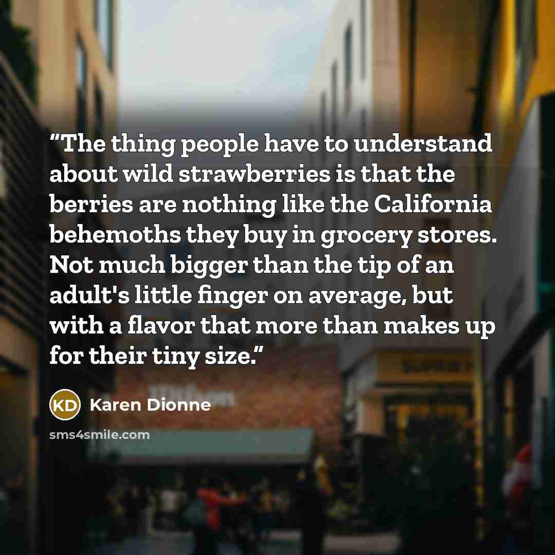 “The thing people have to understand about wild strawberries is that the berries are nothing like the California behemoths they buy in grocery stores. Not much bigger than the tip of an adult's little finger on average, but with a flavor that more than makes up for their tiny size.” quote by Karen Dionne