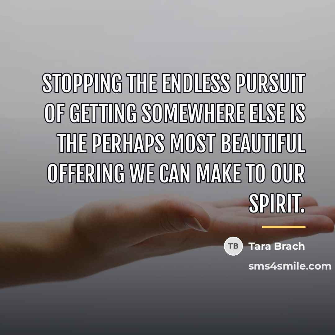 “Stopping the endless pursuit of getting somewhere else is the…” quote by Tara Brach