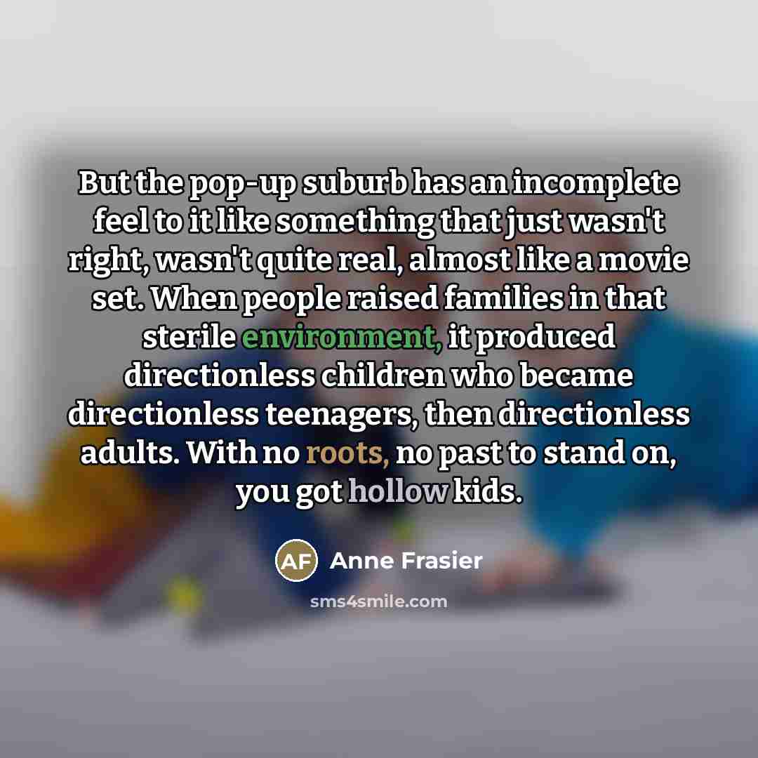 “But the pop-up suburb has an incomplete feel to it…” quote by Anne Frasier