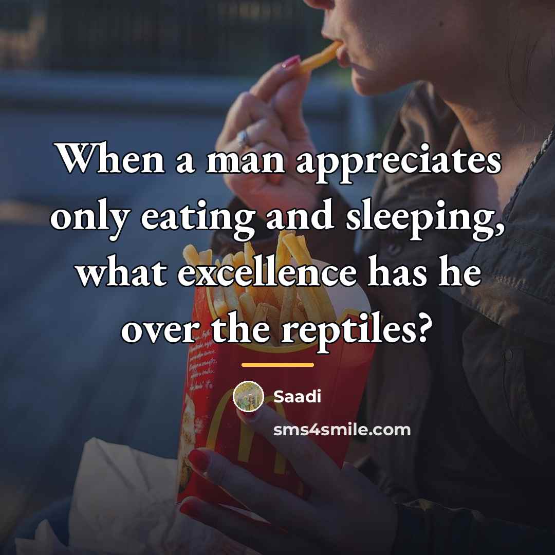 “When a man appreciates only eating and sleeping, what excellence…” quote by Saadi