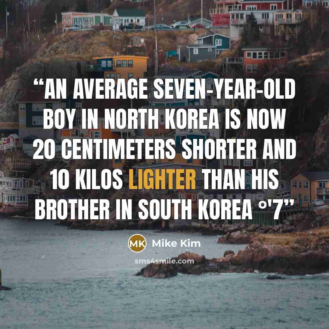 “An average seven-year-old boy in North Korea is now 20 centimeters shorter and 10 kilos lighter than his brother in South Korea °'7” quote by Mike Kim