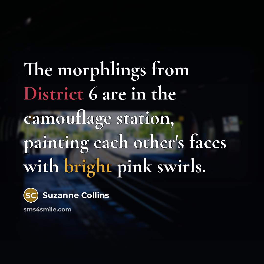 “The morphlings from District 6 are in the camouflage station, painting each other's faces with bright pink swirls.” quote by Suzanne Collins