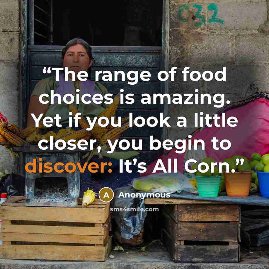 “The range of food choices is amazing. Yet if you look a little closer, you begin to discover: It’s All Corn.” quote by Anonymous