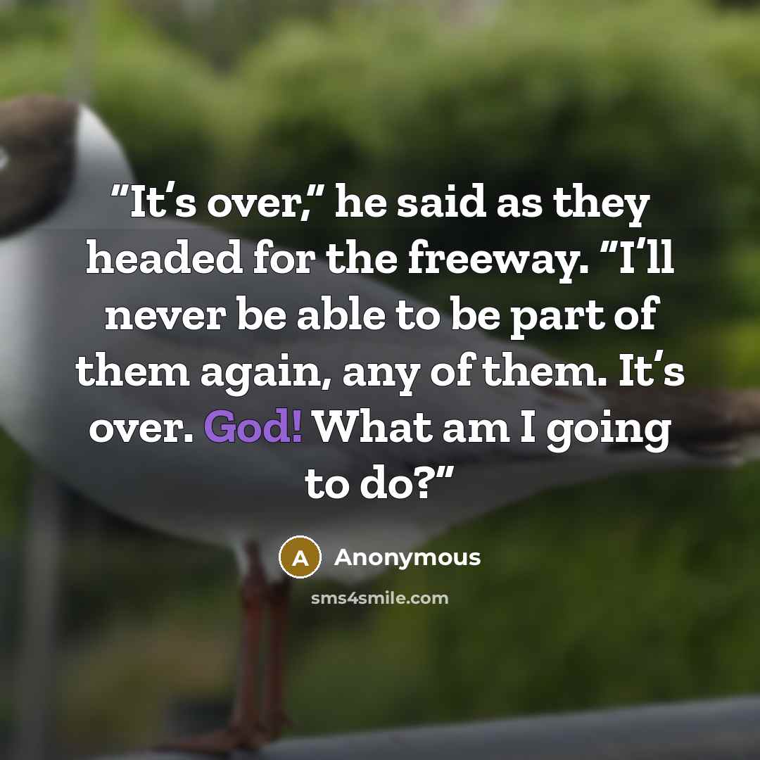 “It’s over,” he said as they headed for the freeway. “I’ll never be able to be part of them again, any of them. It’s over. God! What am I going to do?” quote by Anonymous