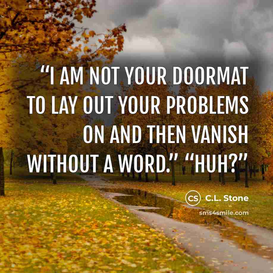 “I am not your doormat to lay out your problems on and then vanish without a word.” “Huh?” quote by C.L. Stone