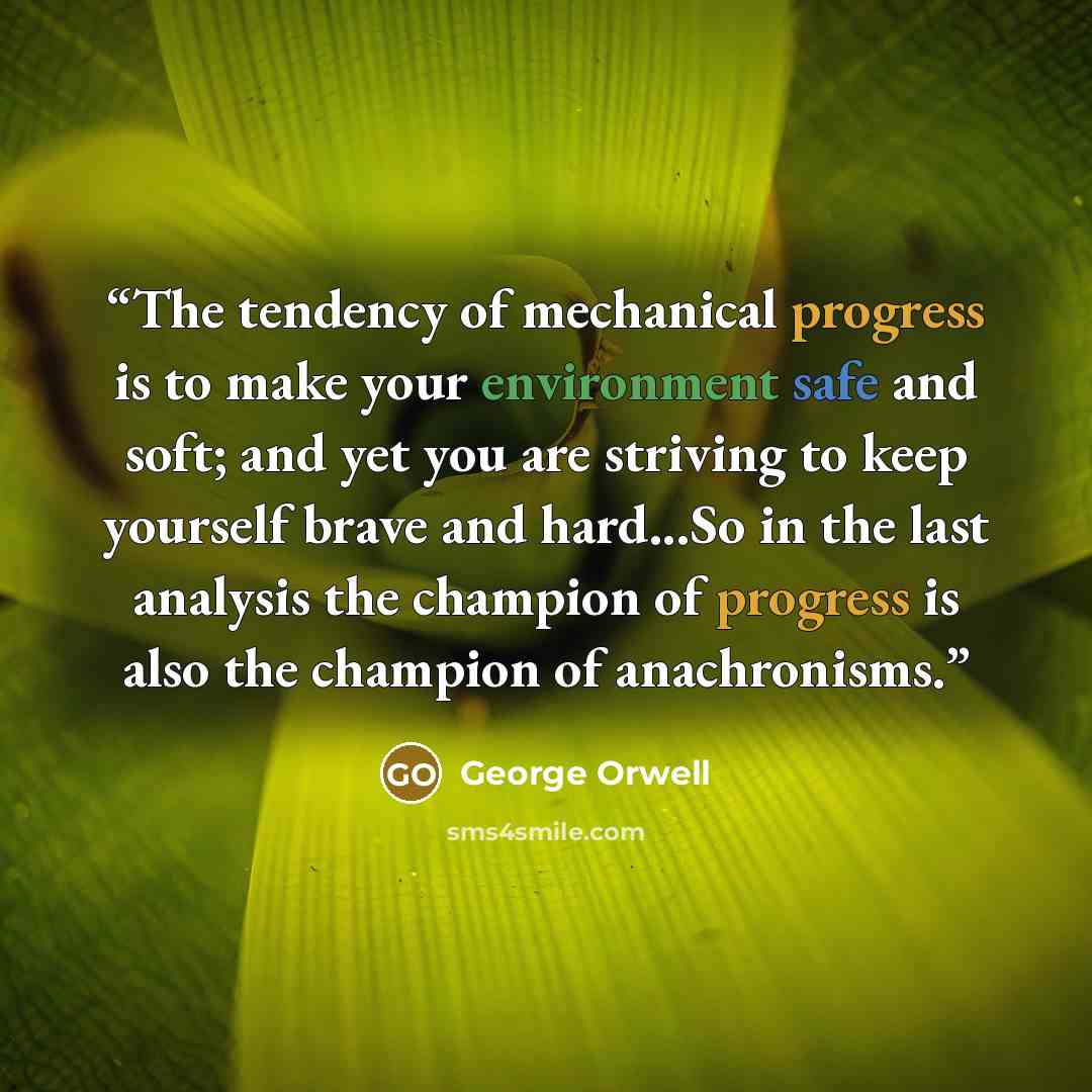 “The tendency of mechanical progress is to make your environment safe and soft; and yet you are striving to keep yourself brave and hard...So in the last analysis the champion of progress is also the champion of anachronisms.” quote by George Orwell