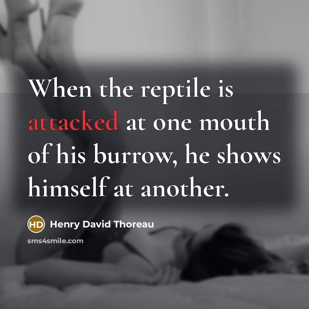 “When the reptile is attacked at one mouth of his burrow, he shows himself at another.” quote by Henry David Thoreau