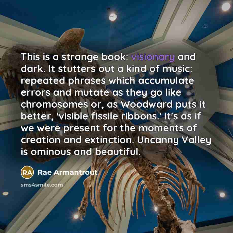 “This is a strange book: visionary and dark. It stutters…” quote by Rae Armantrout