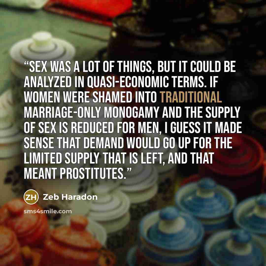 “Sex was a lot of things, but it could be analyzed in quasi-economic terms. If women were shamed into traditional marriage-only monogamy and the supply of sex is reduced for men, I guess it made sense that demand would go up for the limited supply that is left, and that meant prostitutes.” quote by Zeb Haradon