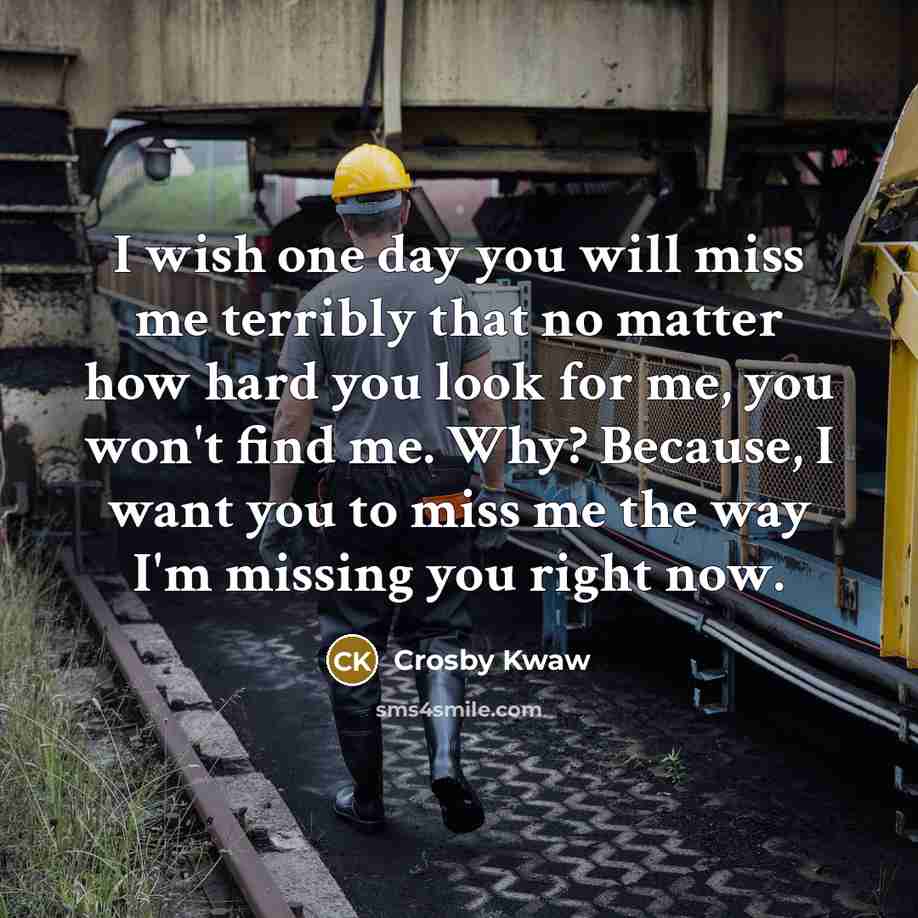 “I wish one day you will miss me terribly that no matter how hard you look for me, you won't find me. Why? Because, I want you to miss me the way I'm missing you right now.” quote by Crosby Kwaw