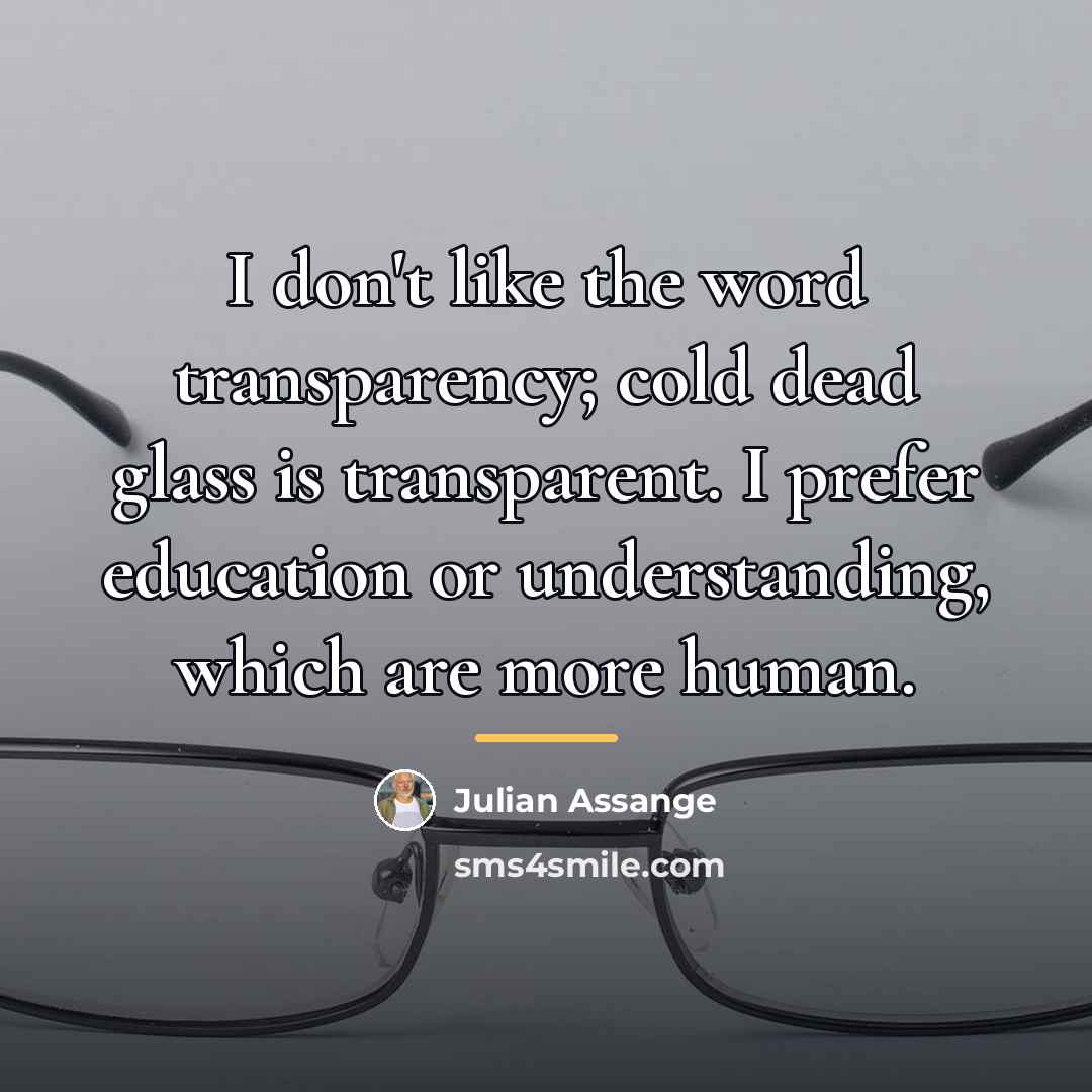 “I don't like the word transparency; cold dead glass is…” quote by Julian Assange